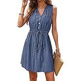 Dokotoo Womens Summer 2026 V Neck Sleeveless Button Down Lightweight Casual Jean Dress Drawstring Short Dress