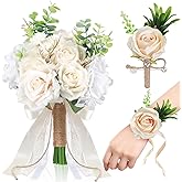 BINSUNS Wedding Bouquets for Bride Bridesmaid, 7''W Bridal Bouquets with Ivory Corsage and Boutonniere Set for White Wedding Flower Accessories Church Decoration Prom Suits(7IN)