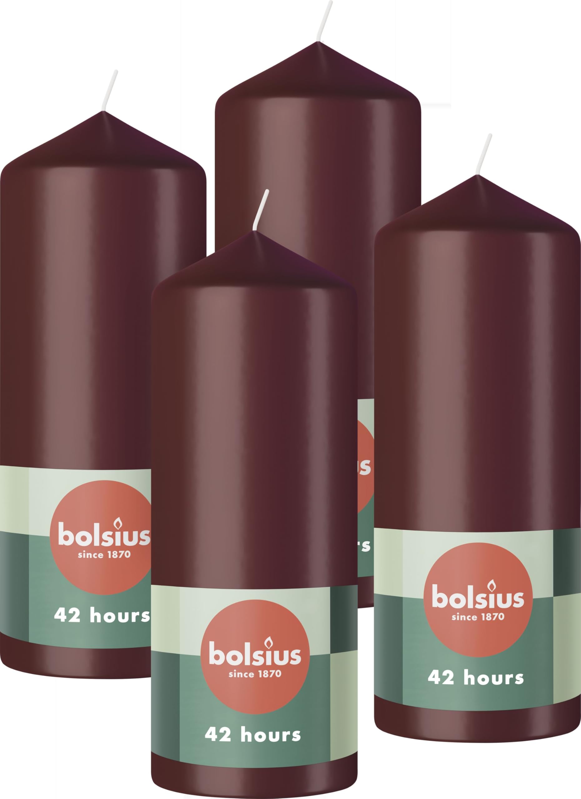 Bolsius Pillar Candles - Dark Red - 4-Pack - 15 x 6 cm - Decorative Household Candles - Long Burning Time of 42 Hours - Unscented - Includes Natural Vegan Wax - Without Palm Oil