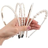 YBEATY 5 Pcs White Pearl Hairbands Pearl Headbands Bridal Hair Hoops Party Wedding Hair Accessories Bling Faux Sparkly Beaded Metal Head Bands Retro for Women Girls Birthday No Slip