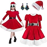Miltrs 4 Pcs Girls Santa Dress,Santa Costume Kid Claus Costume Girls With Hat Glasses Belt Christmas