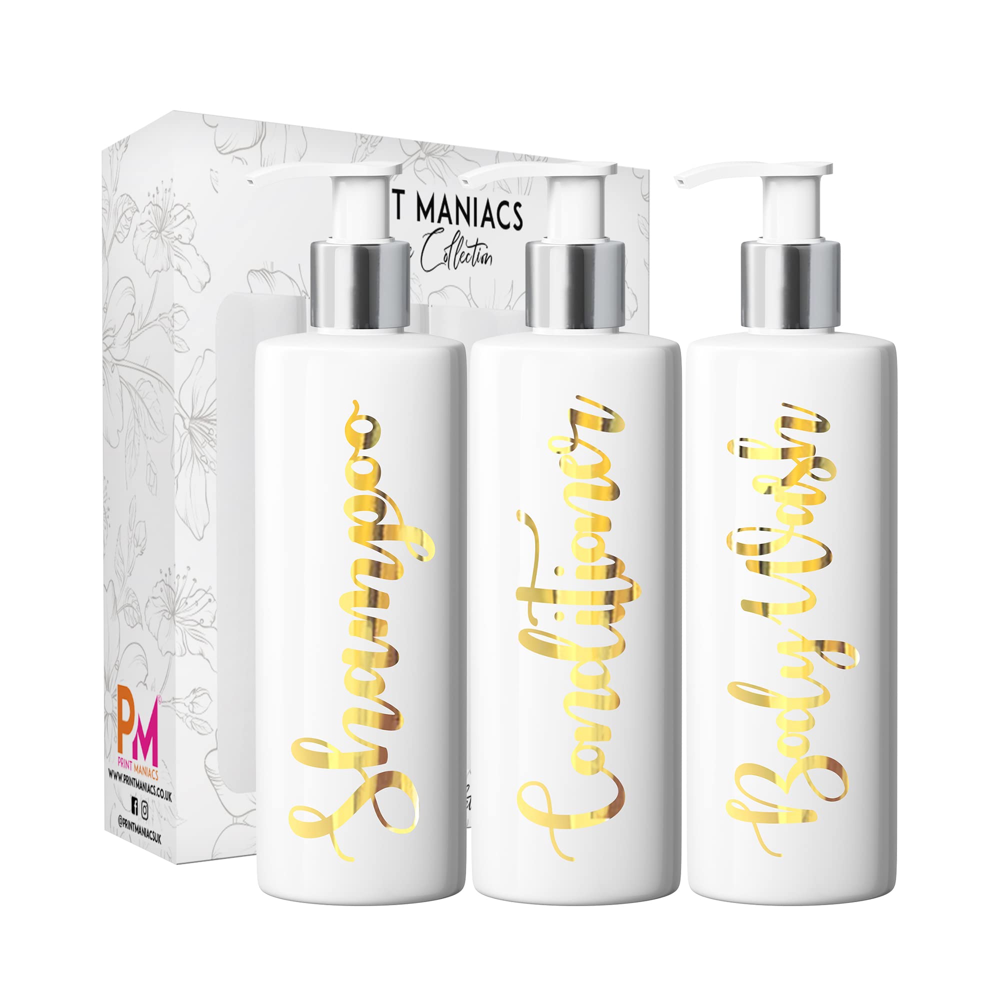 Print Maniacs 3 Set Mrs Hinch Inspired White Personalised Dispenser Pump Bottles Shampoo Conditioner Body Wash (Gold)