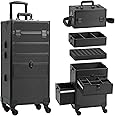 Somduy 4 in 1 Rolling Makeup Case on Wheels with Drawer and Professional Cosmetic Organizers for Salon Barber - Bright Black