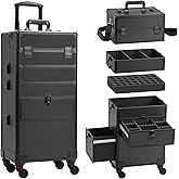 Somduy 4 in 1 Rolling Makeup Case on Wheels with Drawer and Professional Cosmetic Organizers for Salon Barber - Bright Black