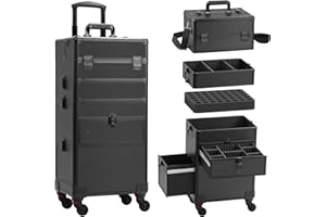 Somduy 4 in 1 Rolling Makeup Case on Wheels with Drawer and Professional Cosmetic Organizers for Salon Barber - Bright Black