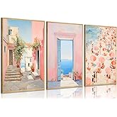 3Pcs Trendy Pink Beach Wall Art Pastel Preppy Coastal Ocean Painting Picture Wall Decor Retro Sea Beachy Scene Canvas Posters Print Artwork for Teen Girl Dorm Girls Room Aesthetic Decor 16x24in Poster