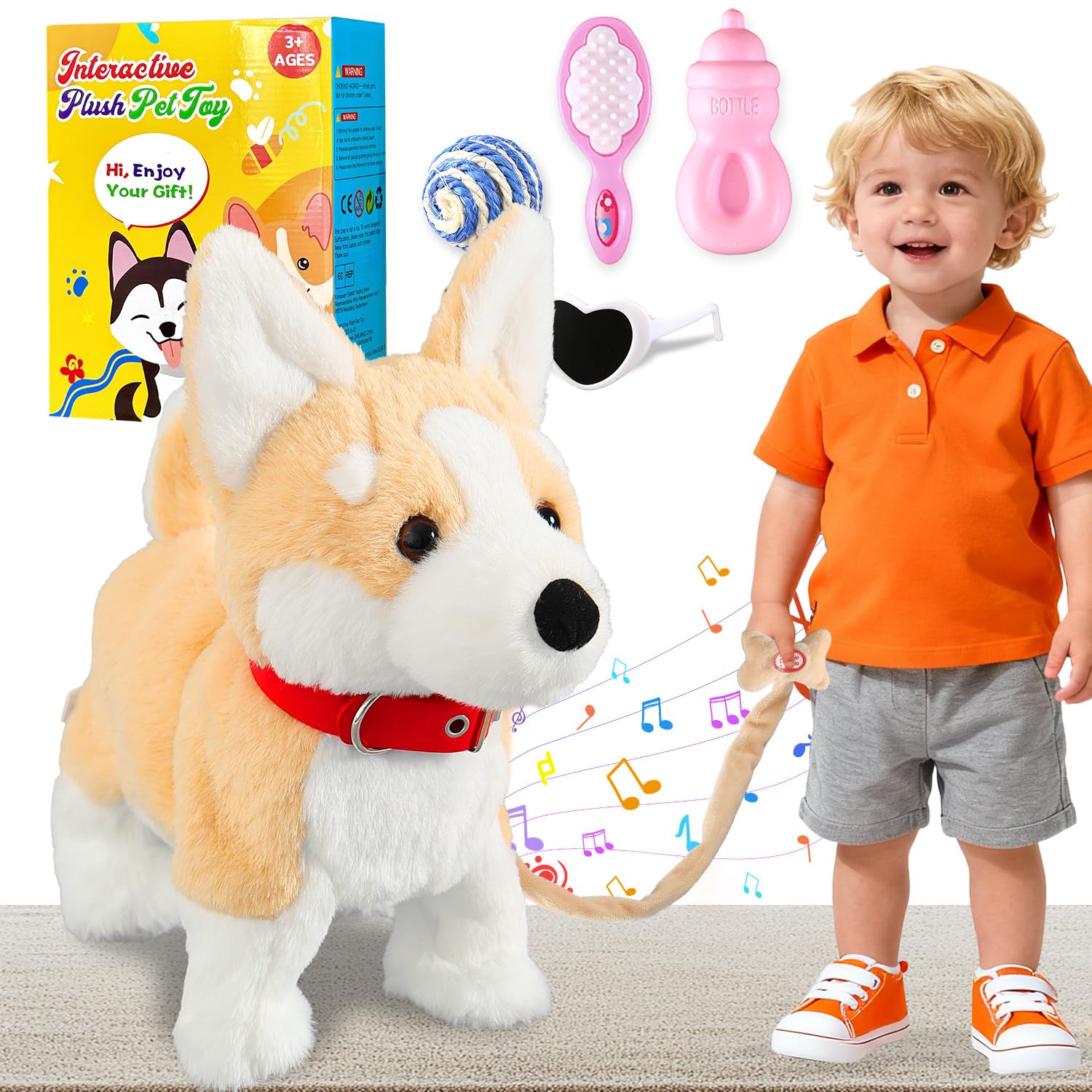 Marsjoy Corgi Walking Dog Barking Musical Singing Dancing Dog, Volume Control Interactive Puppy Walk Along with Leash, Wagging Tail Shaking Head, Electronic Robot Plush Stuffed Animal Puppy for Kid