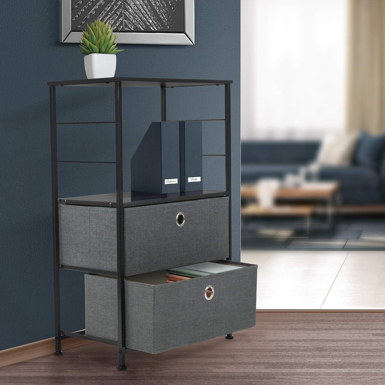 Sorbus Nightstand 2-Drawer Shelf Storage - Bedside Furniture & Accent End Table Chest for Home, Bedroom, Office, College Dorm, Steel Frame, Wood Top, Easy Pull Fabric Bins (Black/Charcoal): Kitchen & Dining