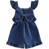 Mobbdow Toddler Baby Girl Summer Clothes Bow Ruffle Sleeveless Denim Romper Jumpsuit Shorts Overalls One Piece Outfit