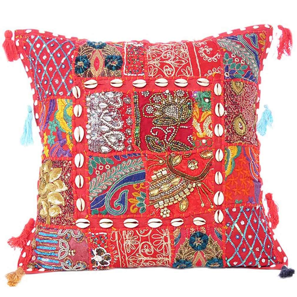 Eyes of India Decorative Patchwork Boho Throw Pillow Cover, Colorful Cushion Case for Sofa Couch, Bohemian Handmade Accent Bedroom Living Room, 24x24 inch (60x60 cm), Red — image 1