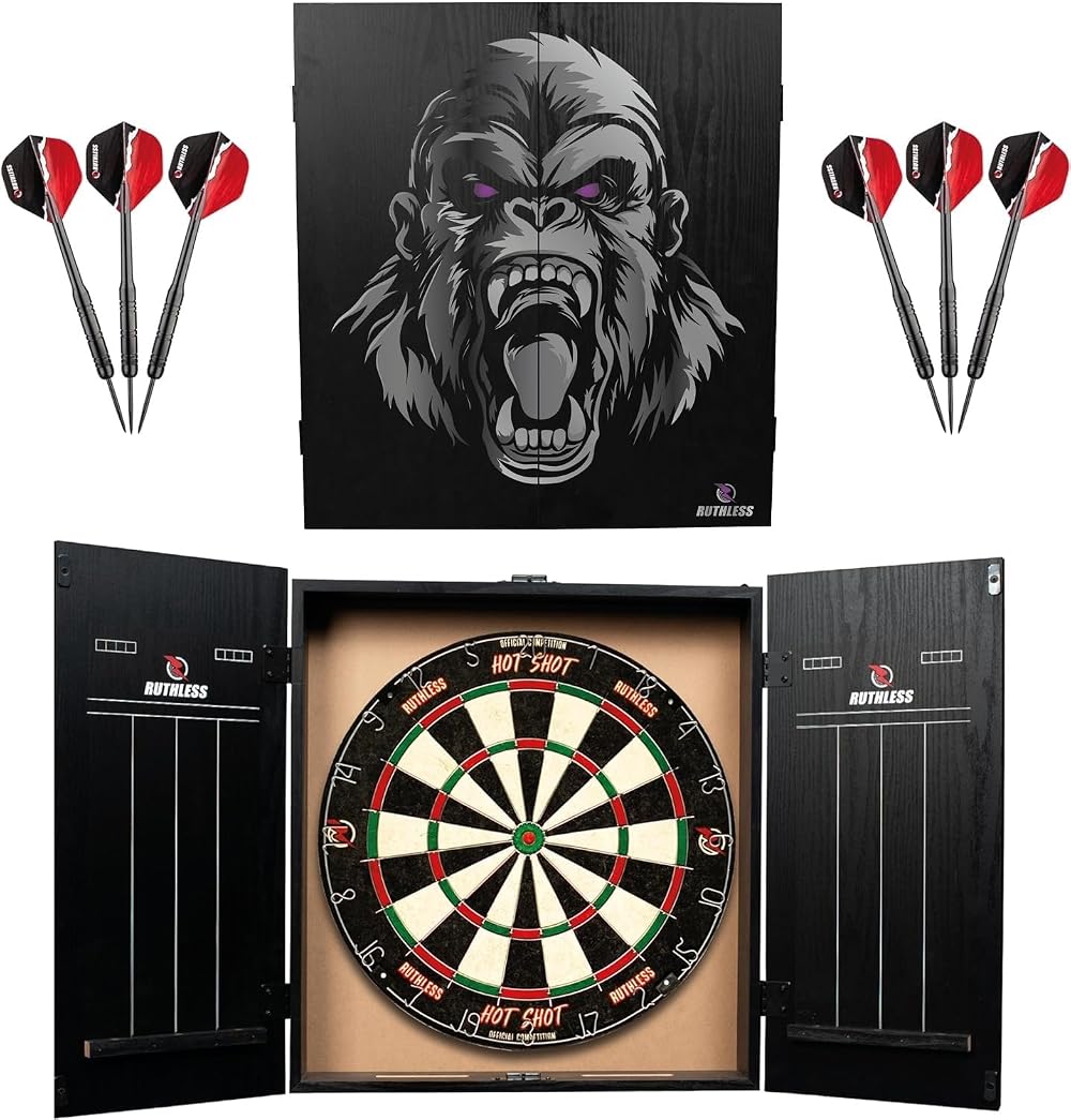 Ruthless Home Darts Centre Gorilla Cabinet Dartboard 2 Sets of Darts