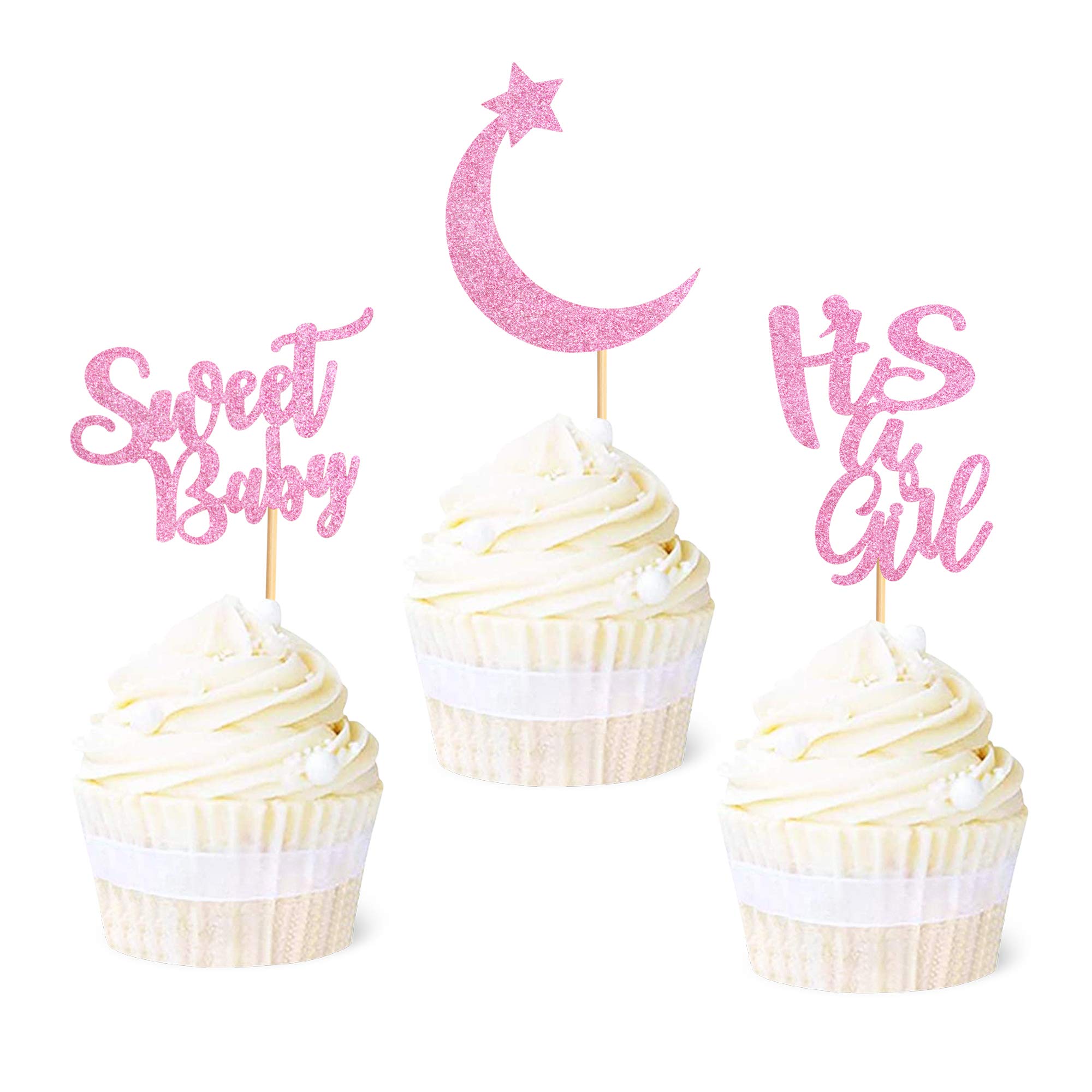 Blumomon 24 Pack Sweet Baby Girl Cupcake Toppers Pink Glitter Girl Newborn Gender Reveal Cake Decorations for Baby 1st Birthday Party Supplies Gender Reveal Baby Shower Decorations