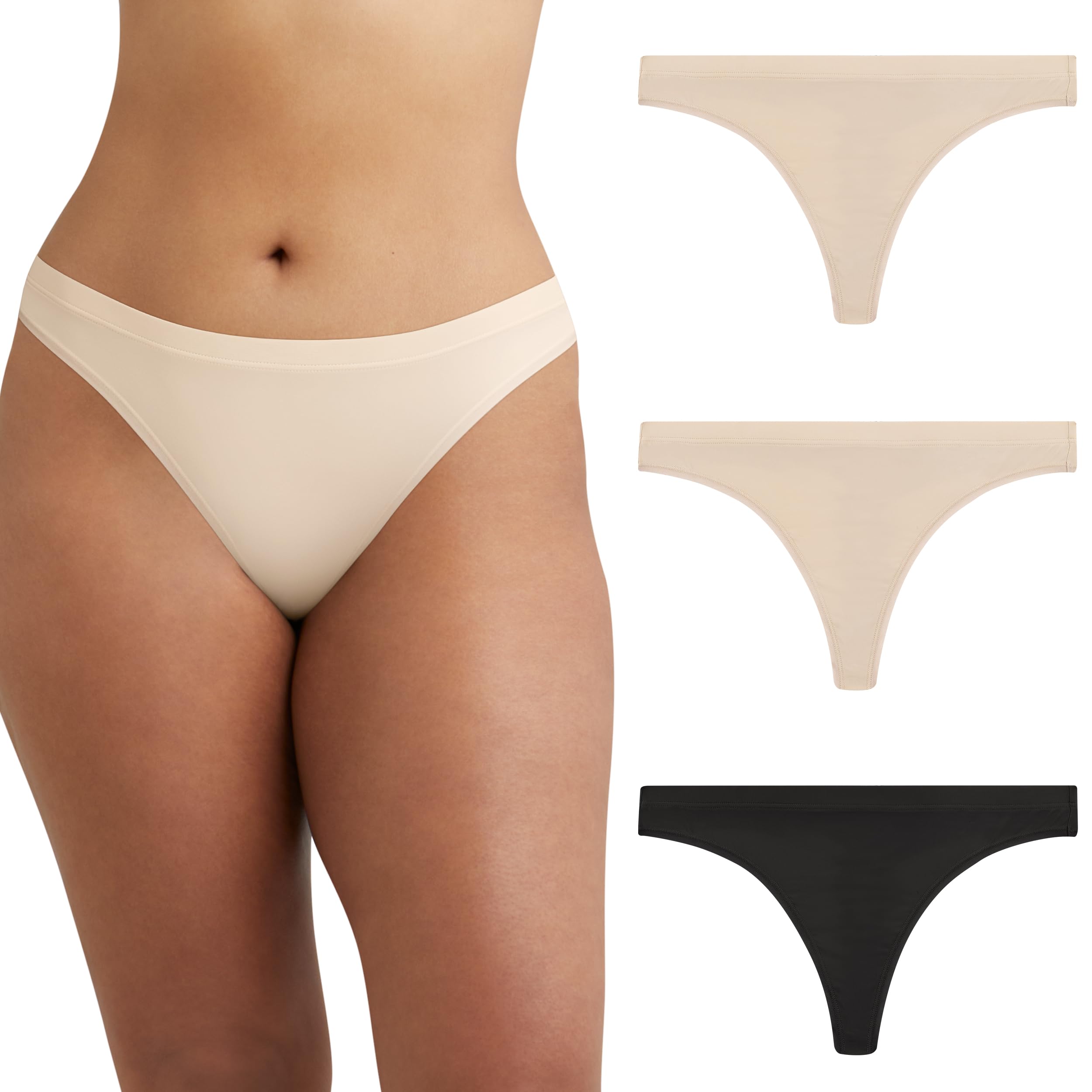 Photo 1 of Maidenform Women's Barely There Lace Panties, Invisible Look Thong Underwear, 3-Pack, Almond/Black/Almond