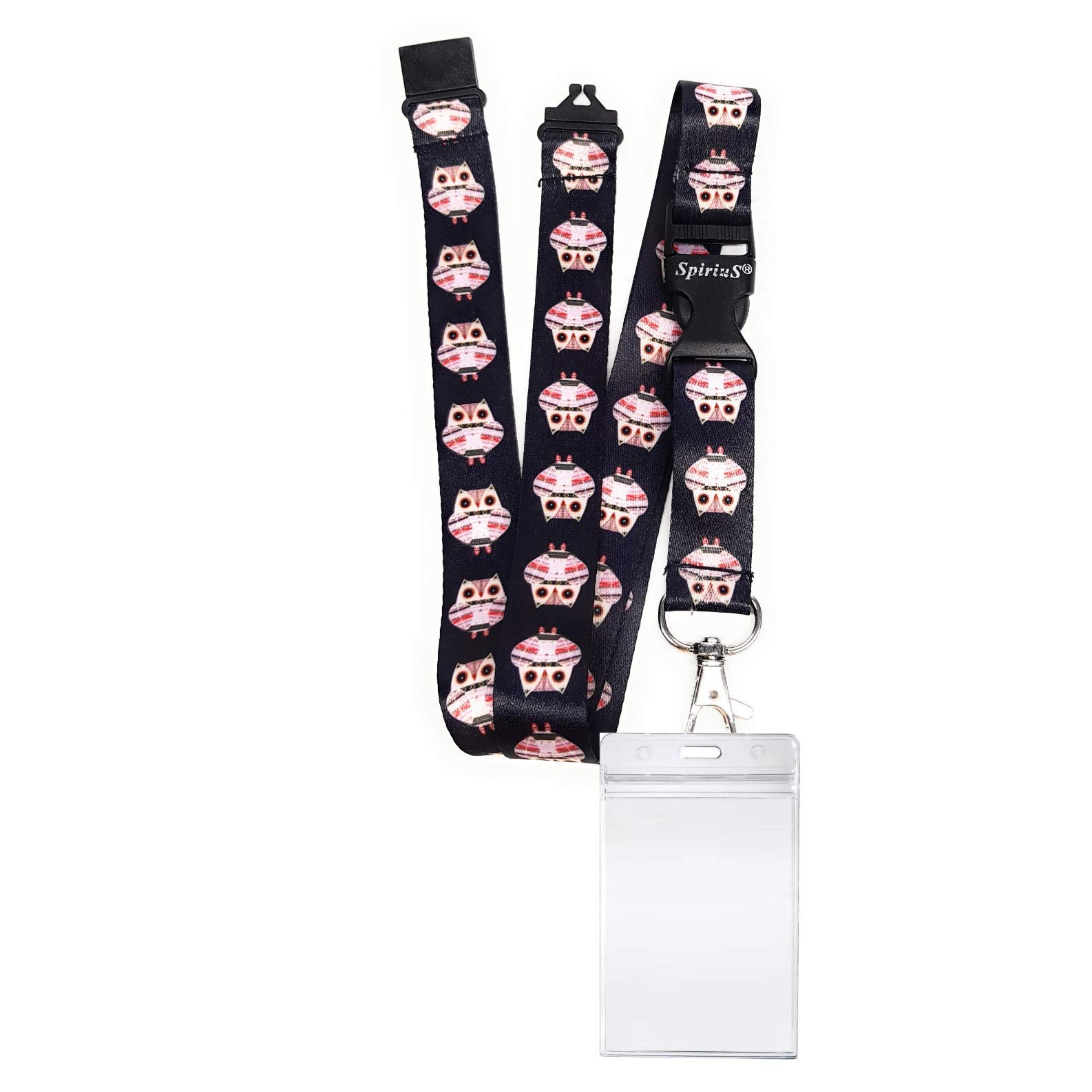 Waterproof Id Badge Holder Zip-Lock Design + Beautiful SpiriuS Lanyard Neck Strap with Metal Clip (OWL)