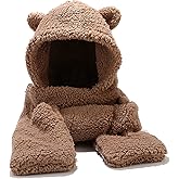 Umeepar Winter Bear Ear Sherpa Hood Hat Scarf Gloves 3 in 1 Hooded Scarf for Women Men