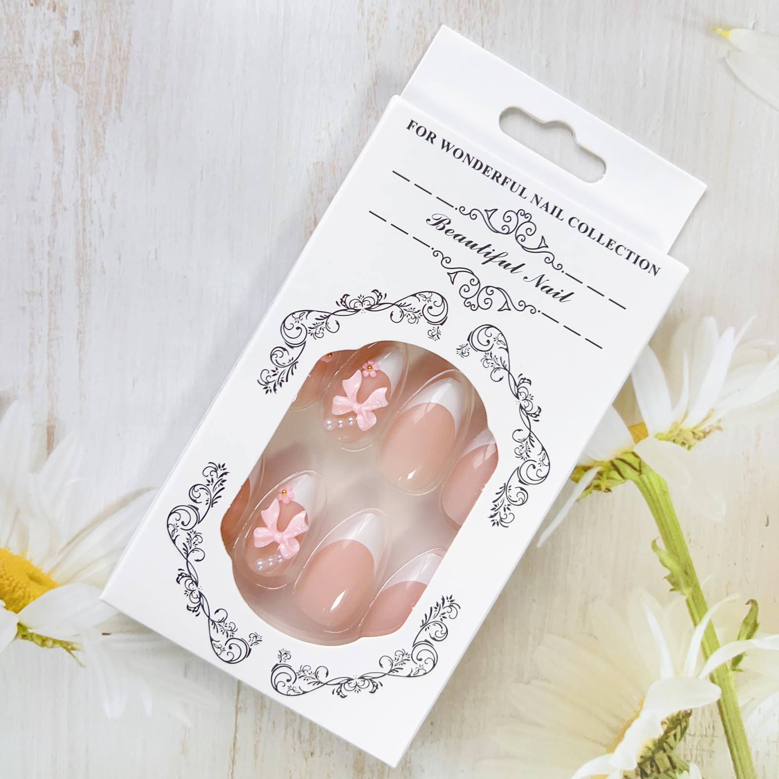 LPOODDNU Medium Almond Press on Nails White French Tips Pink Fake Nails with 3D Flower Bow Charms Acrylic Nails Press ons Cute Design Glue on False Nails Reusable Stick on Nails 24pcs - Image 6