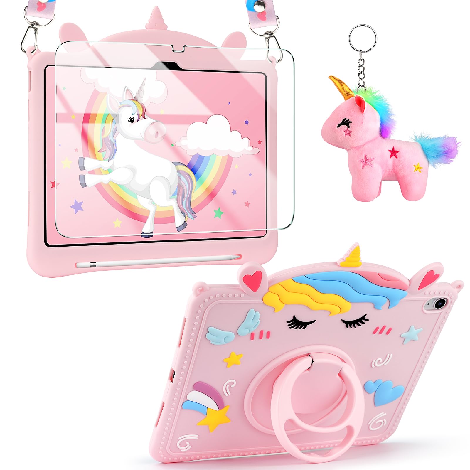 Photo 1 of VOFUOE for iPad A16 Case 11th Generation 2025, for iPad 10th Generation Case 2022 10.9'' with Screen Protector Doll Keychain Shoulder Straps Pencil Holder Stand Soft Silicone Cover Kids Girls-Pink