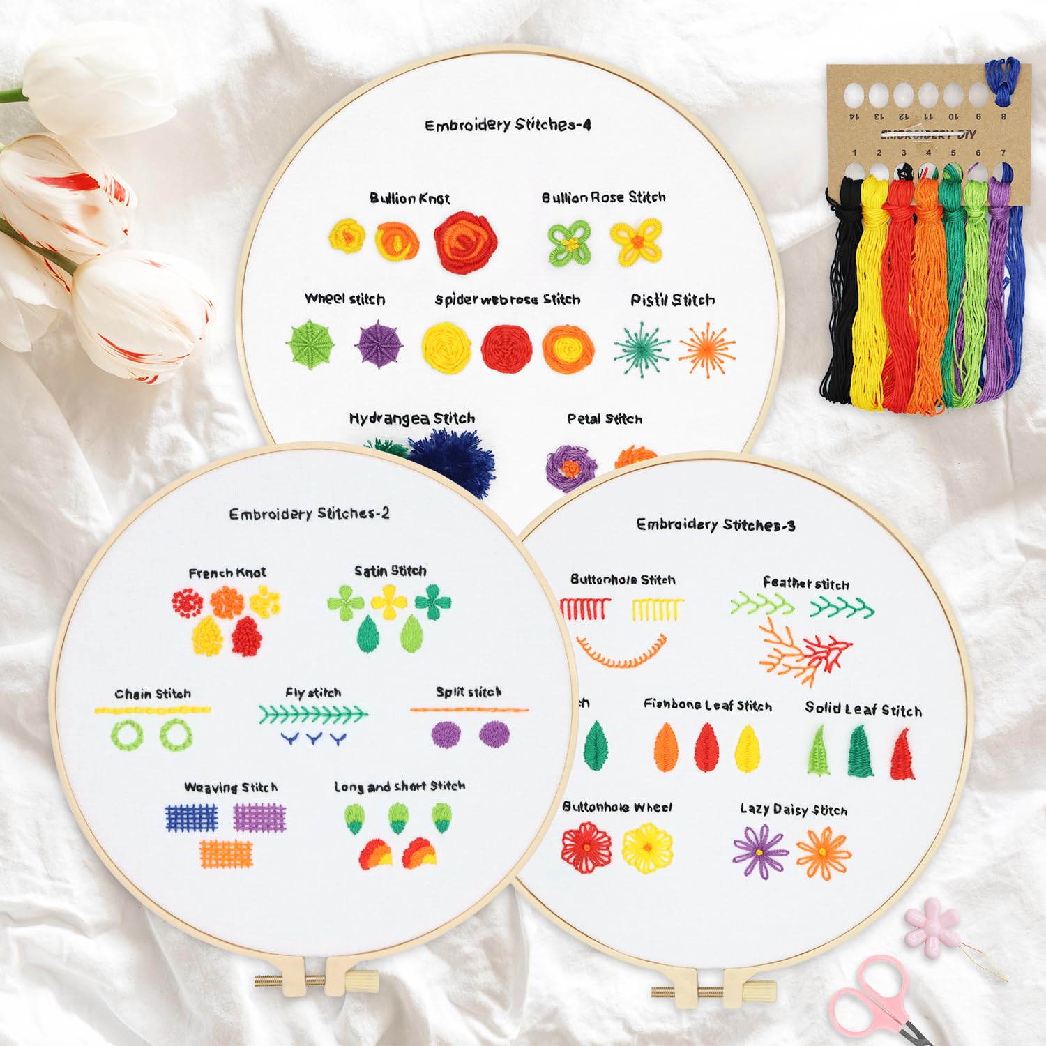 RidaaFri Embroidery Kits for Beginners, Embroidery Stitches Practice Kit, Hand Beginner Embroidery Kit with 23 Different Stitch for Adults and Kids, Includes Bamboo Hoop, Cloth, Needles, Scissors