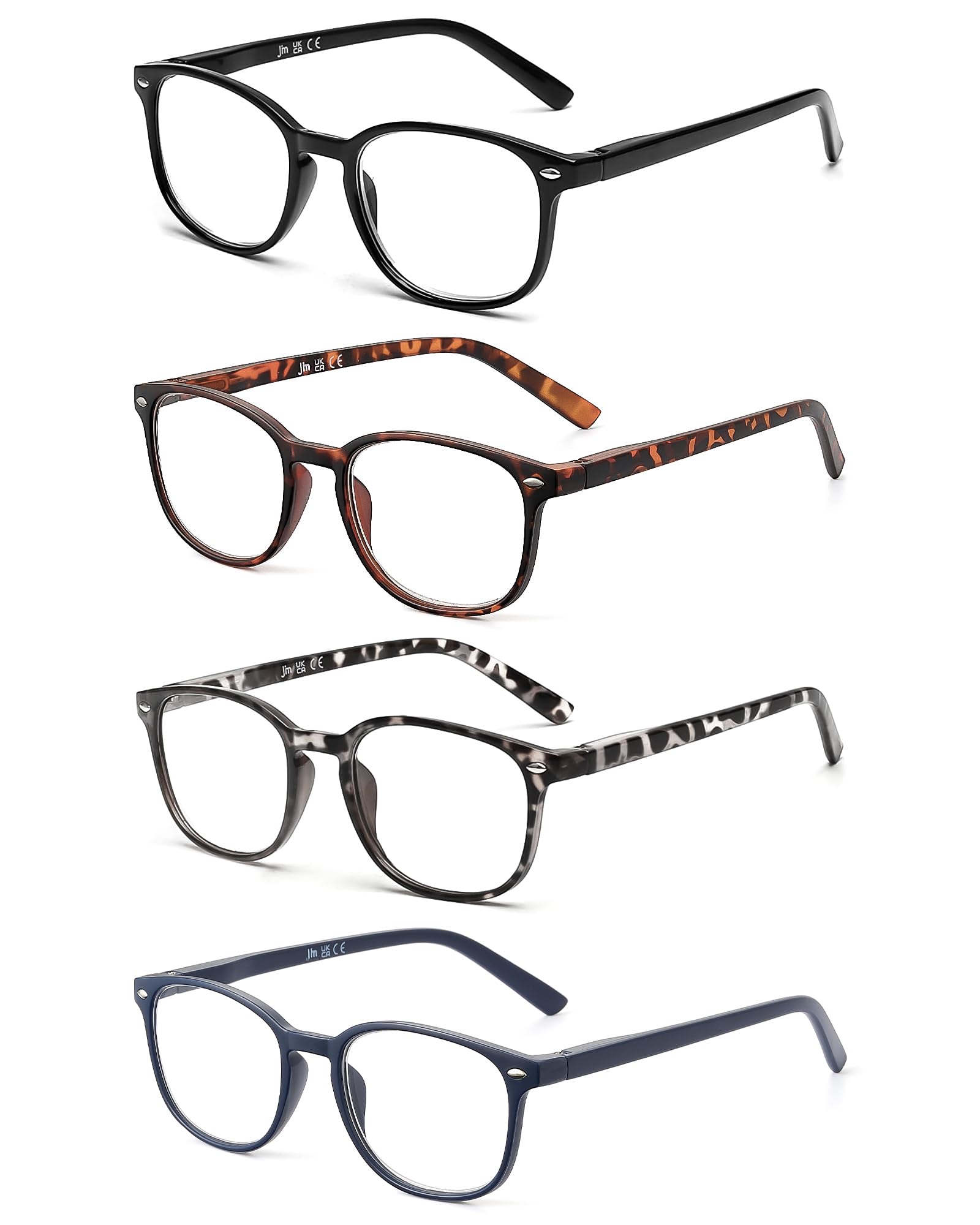JM 4 Pack Square Reading Glasses, Spring Hinge Readers for Men Women, Mxied Color +4.0