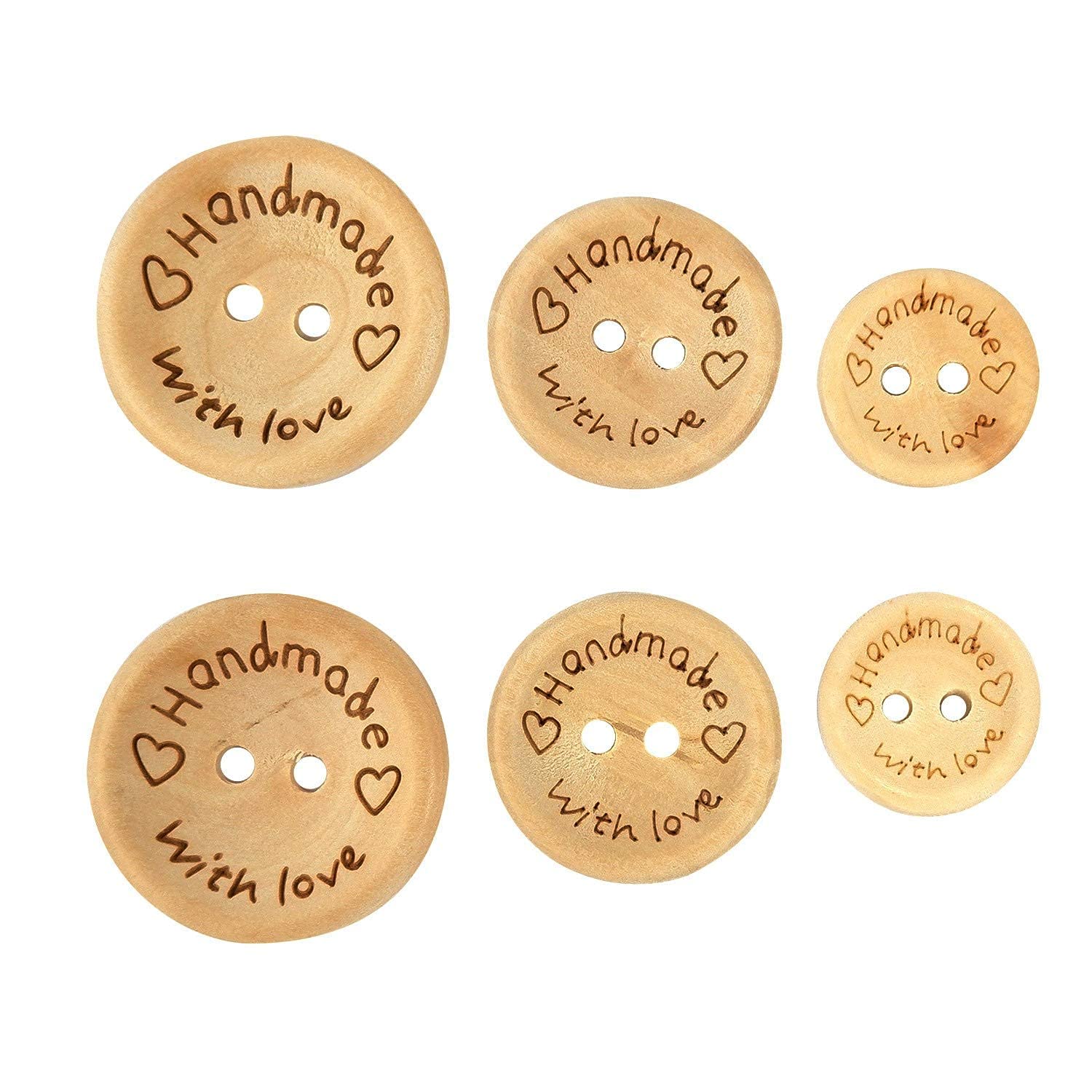 Photo 1 of Handmade with Love Buttons - 150 Pcs Round Wooden Craft Decor Buttons, 2 Holes for 15mm/20mm/25mm Sewing