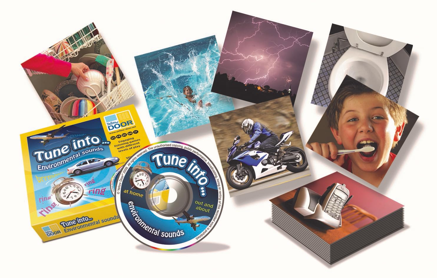 Yellow Door Tune into Environmental Sounds | Set of 30 Picture Cards, Audio CD and Games | Early Educational Toy for Kids Age 1 2 3 4 5 | Differentiated Listening Games with Real Environmental Sounds