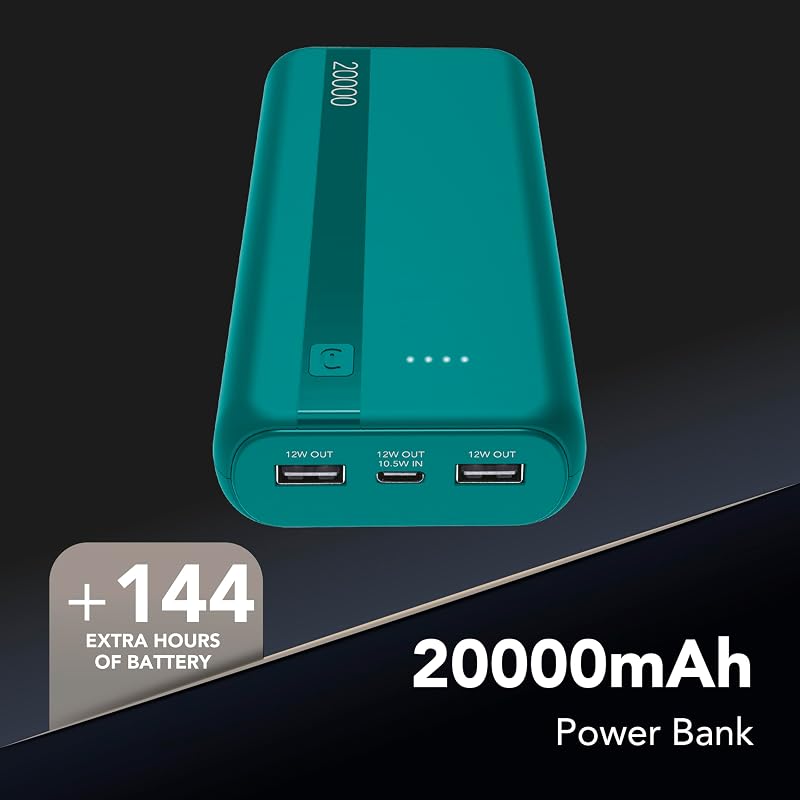 Power Bank Cellularline 20000 mAh com entrada/saída USB-C + 2 portas USB-A – Múltiplas Cargas e Indicador LED – Azul