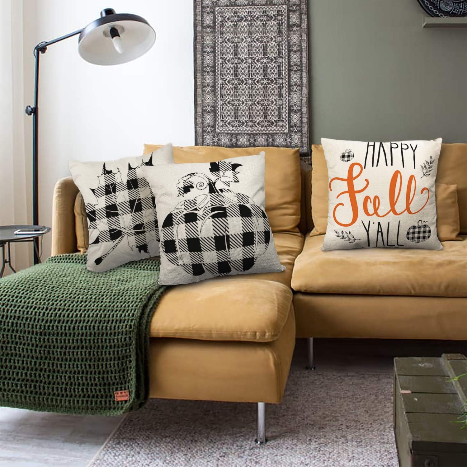 YGEOMER Fall Pillow Covers 18×18 Inch Set of 4 Fall Decor for Home Autumn Farmhouse Buffalo Plaid Pillow Covers Holiday Rustic Linen Pillow Case for Sofa Couch Thanksgiving Throw Pillow Covers: Home & Kitchen