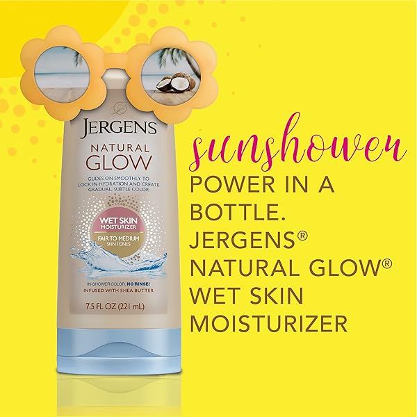 JERGENS NATURAL GLOW IN SHOWER LOTION, SELF TANNER FOR FAIR TO MEDIUM SKIN TONE, SUNLESS TANNING WET SKIN LOTION FOR GRADUAL, FLAWLESS COLOR, 7.5 OUNCE (PACKAGING MAY VARY)