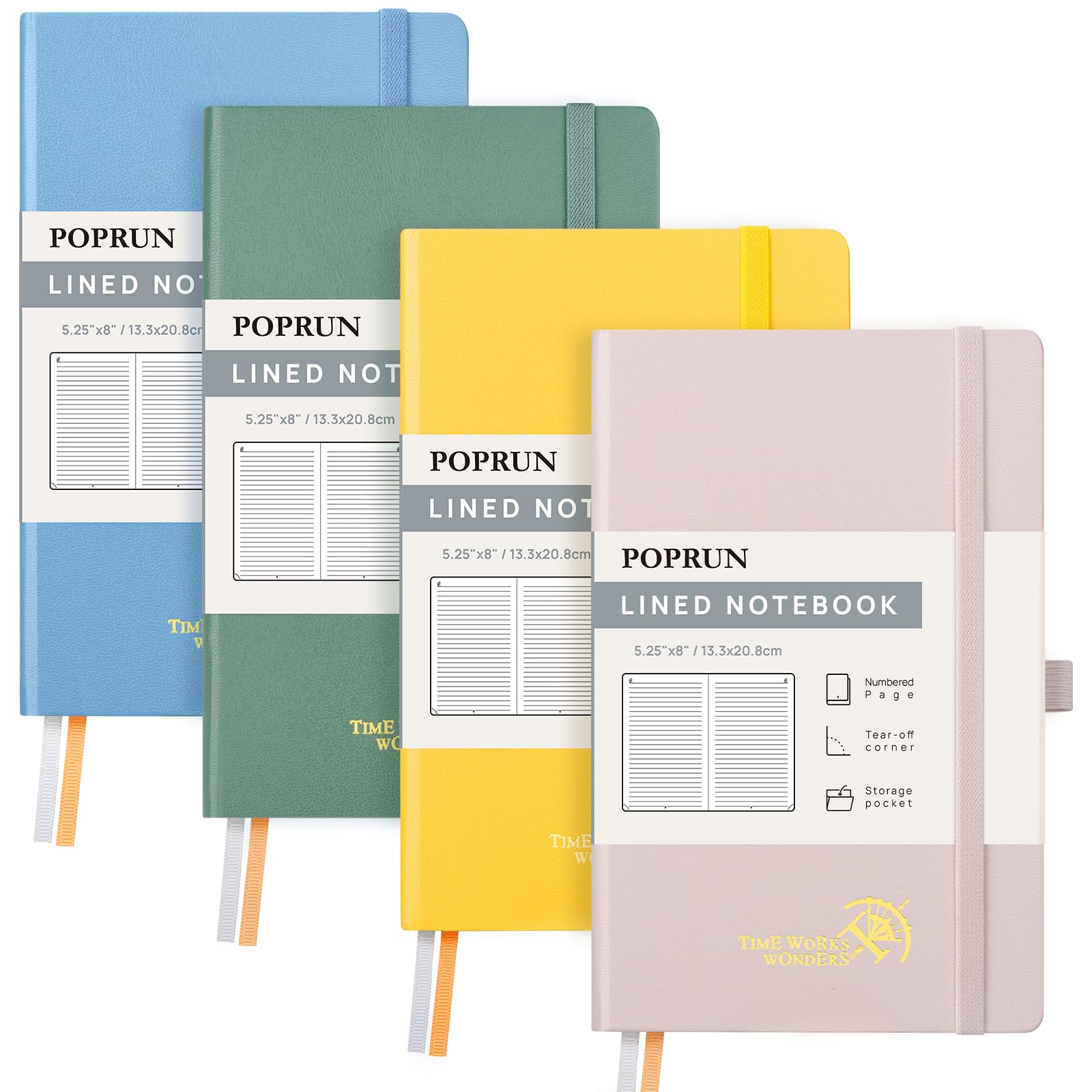 POPRUN 4 Pack A5 (Approx.) Lined Notebook Hardback, Thick 120 GSM Paper,128 Numbered Pages Notepad with Sticky Index Tab, 8 Perforated Sheets, Light Pink,Haze Blue,Midnight Green,Light Yellow