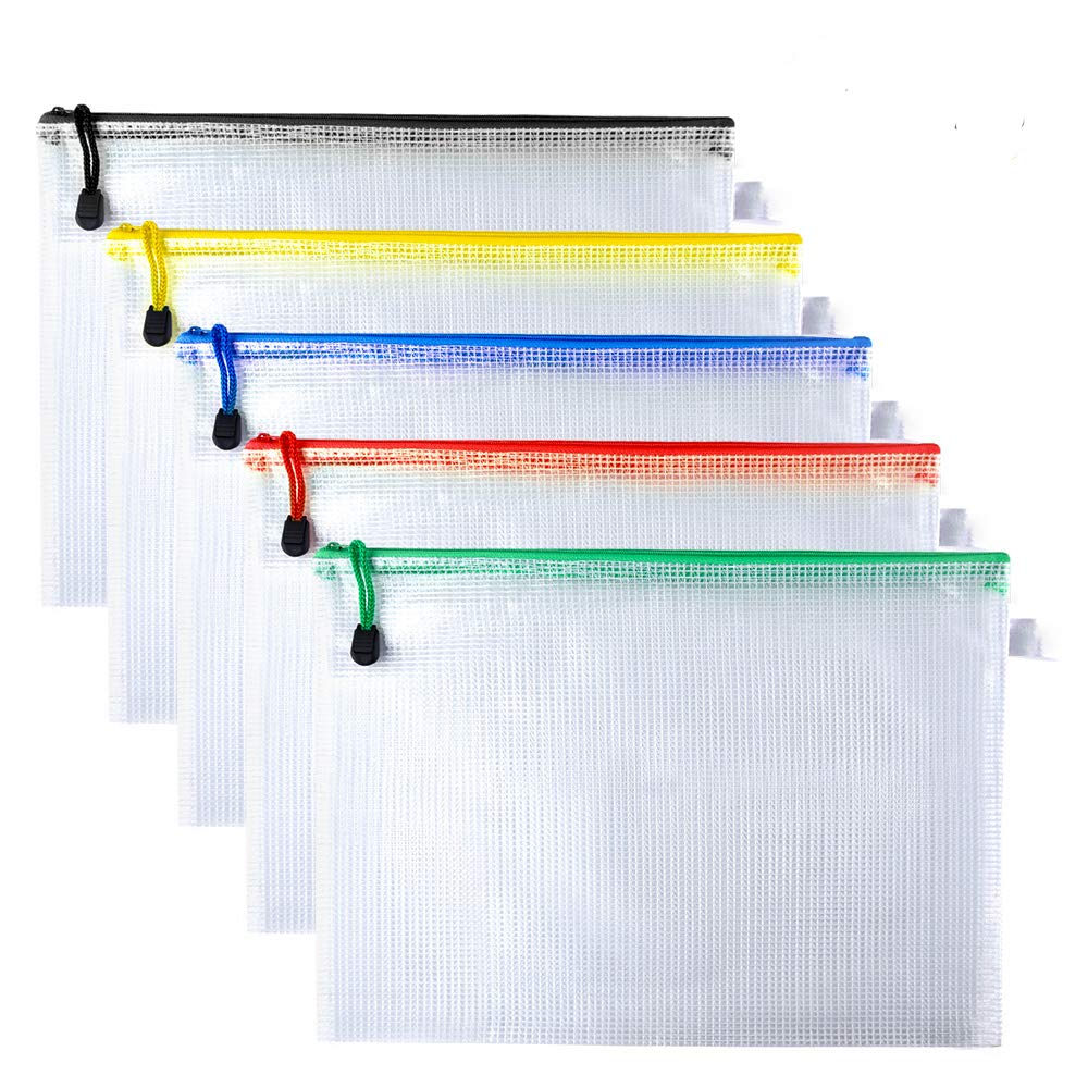 Kuuqa A4 Plastic Zip Wallets Folders Mesh Document Bags for File Storage Paper Organization, Set of 5