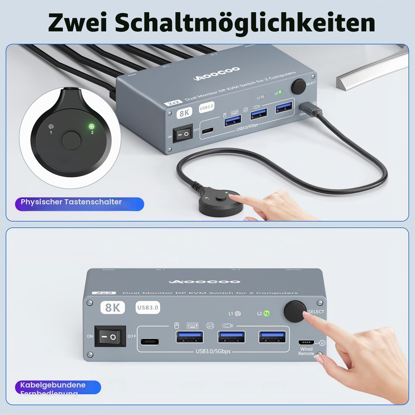 Displayport KVM Switch 2 Computers 2 Monitore, 8K@60Hz/4K@240Hz Dual Monitore KVM Switch with 4 USB3.0 Ports, USB Kabeln und Netzteil, ideal für Homeoffice und Gaming 4