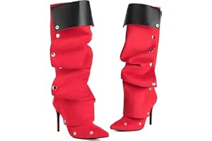 Lunhonk Denim Knee High Boots Black Stiletto Heel Pointed Toe with Detachable Silver Buckle and Floral Embellishments Zipper 