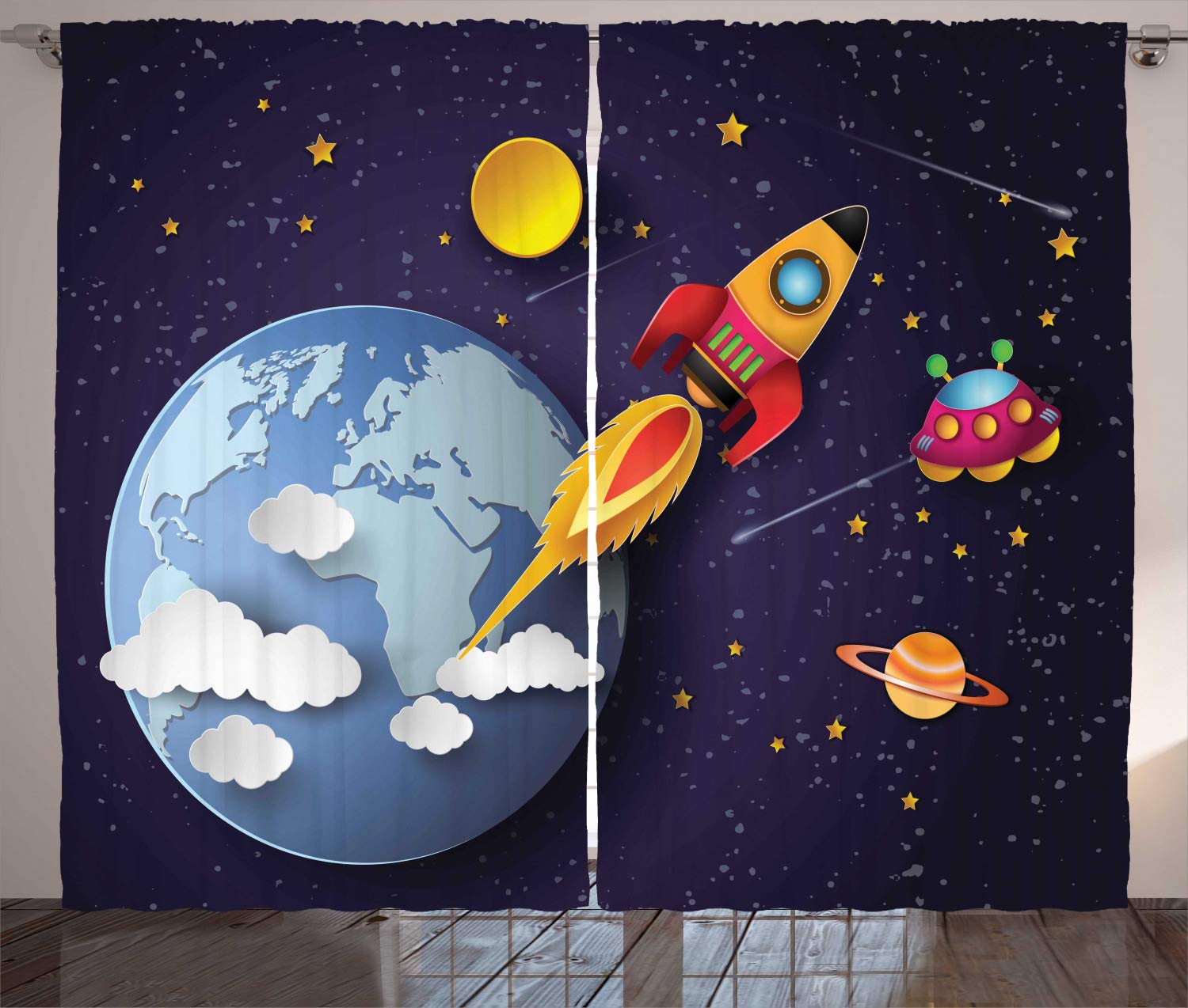ABAKUHAUS Outer Space Curtains, Rocket on Planetary System Earth Stars Ufo Saturn Sun Galaxy Boys Print, Living Room Bedroom Window Drapes 2 Panel Set, 280 x 225 cm, Midnight blue