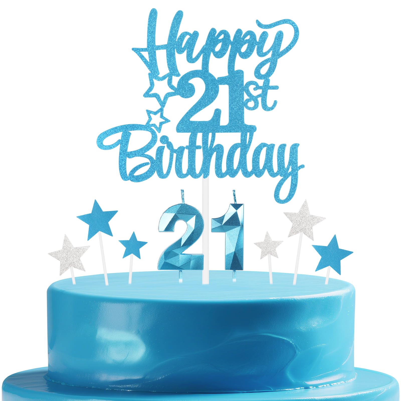 mciskin Blue 21st Birthday Candles Cake Toppers Set,3D Number 21 Candle for Cake,Light Blue Candles Silver Star Toppers for Girls Boys 21st Birthday Decorations Party Supplies — image 1