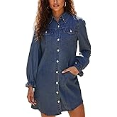 Unifizz Women's Denim Shirt Dress Button Down Collar V Neck Long Sleeve Cotton Blue Jean Dress