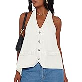 Tankaneo Womens Halter Denim Vest Tops Summer Open Back Y2K Going Out Tank Tops V Neck Button Down Jean Shirts