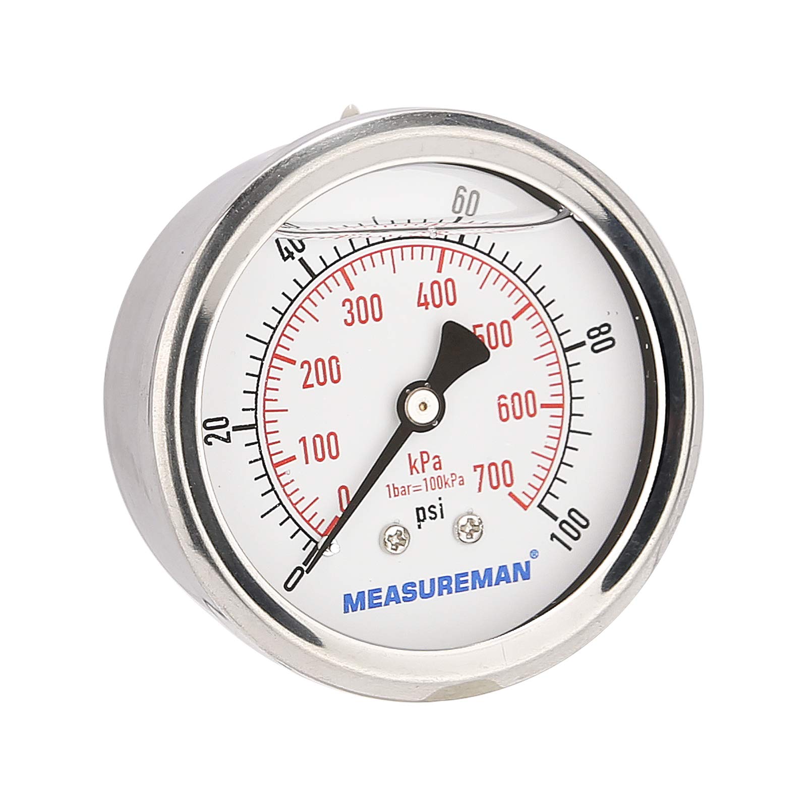 Photo 1 of MEASUREMAN 2-1/2inch Dial Size, Glycerin Filled Pressure Gauge, 0-100psi/kpa, 304 Stainless Steel Case, 1/4 Inch NPT Center Back Mount