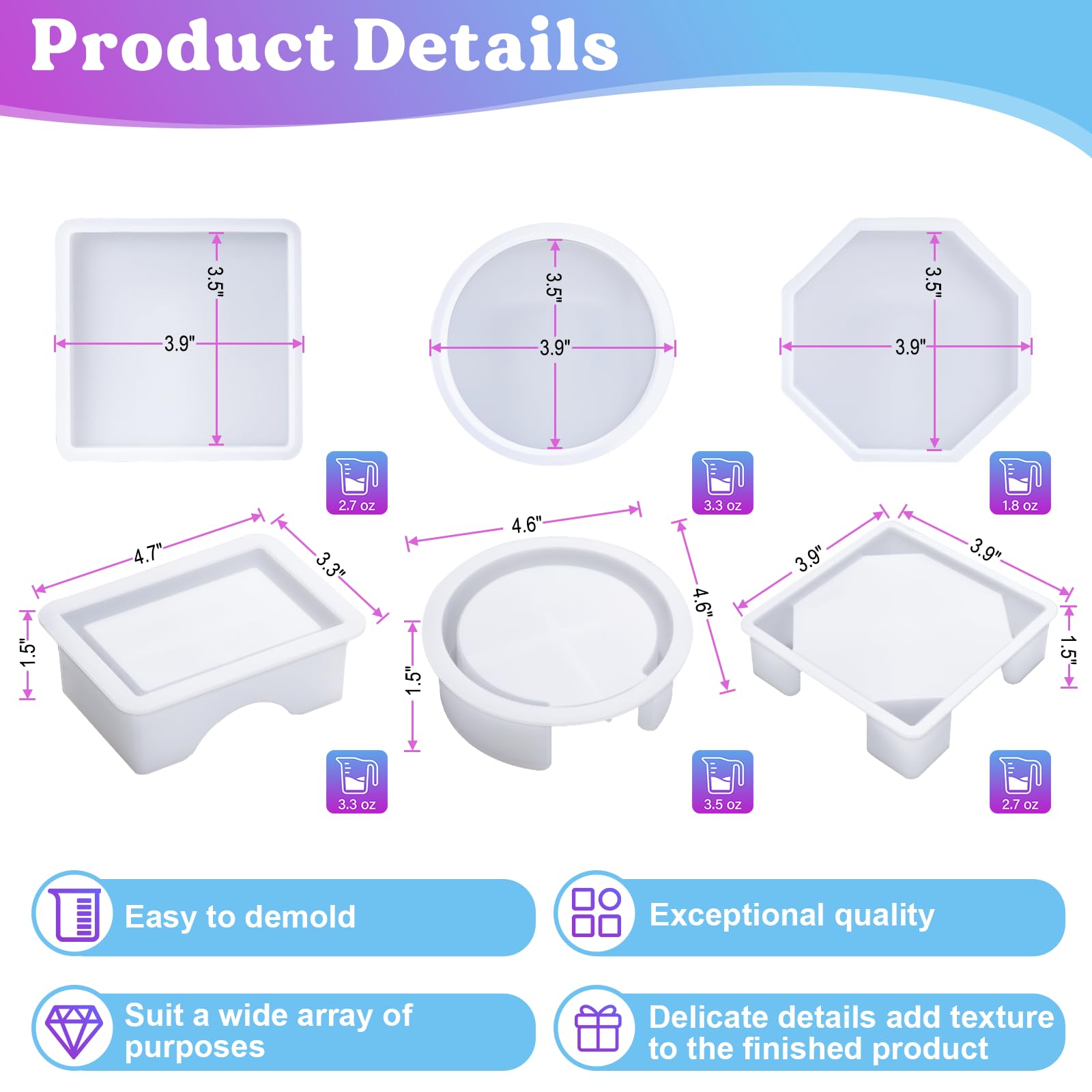 LET'S RESIN 18 Pcs Coaster Resin Molds Silicone, Coaster Molds with Round Square Octagon Shape Holder Molds for Epoxy Resin, DIY Art Craft Cup Mats