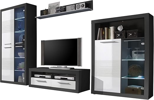 Stella Trading Wohnwand Weiss Grau Hochglanz Fronten Anbauwand Wohnzimmerschrank Stellmass Bxhxt 304 X 194 X 48 Cm Amazon De Kuche Haushalt