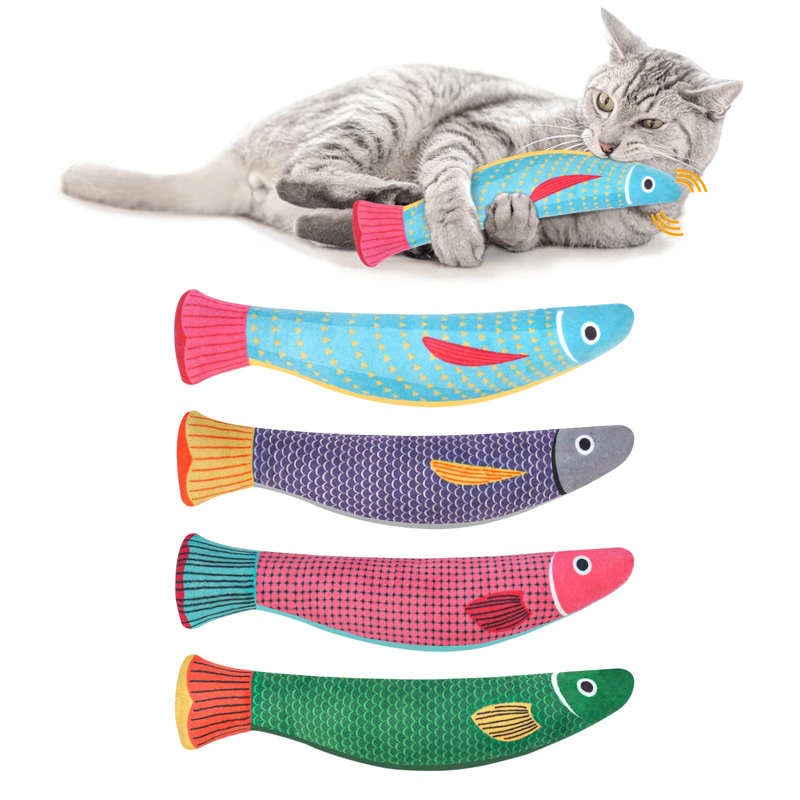 Aibuddy Catnip Toy, 4 Pack Fish Cat Chew Toys, Bite Resistant Catnip Toys with Bell Inside, Plush Cartoon Kitten Teething Interactive Toy （ 7.7" L * 1.9" W）