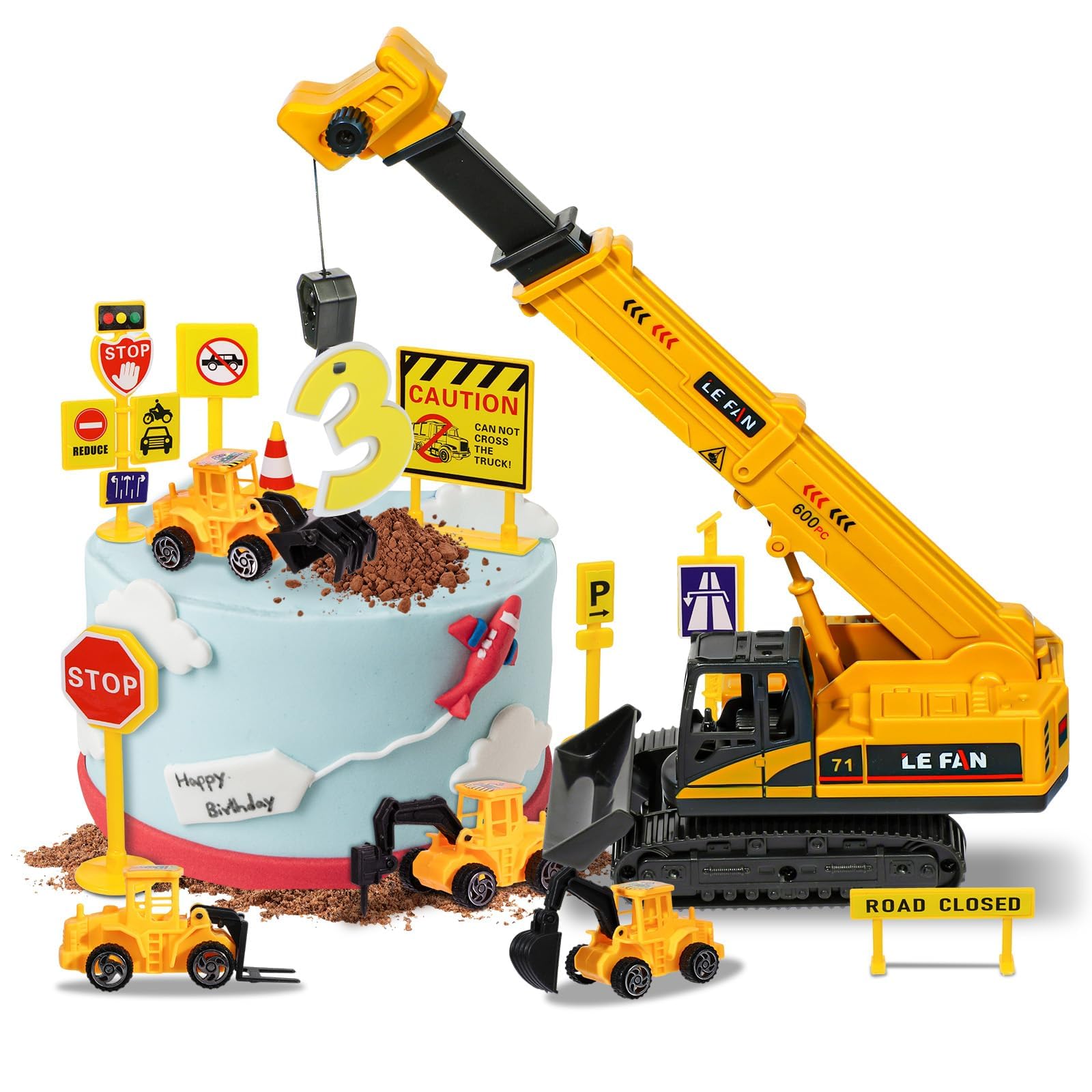 Photo 1 of RAYNAG 16 Pieces Construction Cake Topper Vehicles Cake Decoration Set Construction Birthday Party Supplies Large Crane Excavator Traffic Road Sign Cake Topper for Birthday Party Supplies Favours