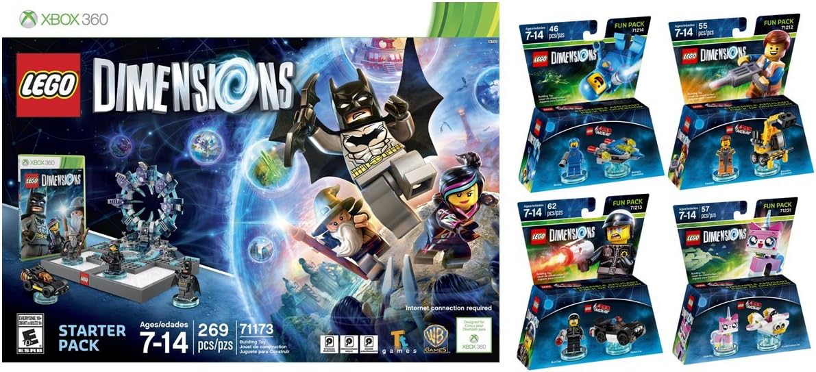 LEGO Dimensions Starter Pack for Xbox 360 PLUS LEGO Movie Bundle with Emmet 71212, Bad Cop 71213, Benny 71214, and UniKitty 71231