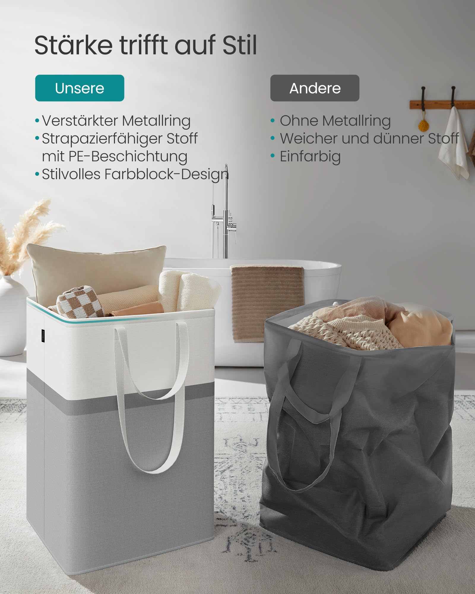 SONGMICS Wäschekorb 2er Set, 110 L Wäschesammler faltbar, mit kurzen und langen Griffen, leicht zu tragen und zu reinigen, freistehend, für Schlafzimmer Badezimmer, taubengrau LCB210G02 4