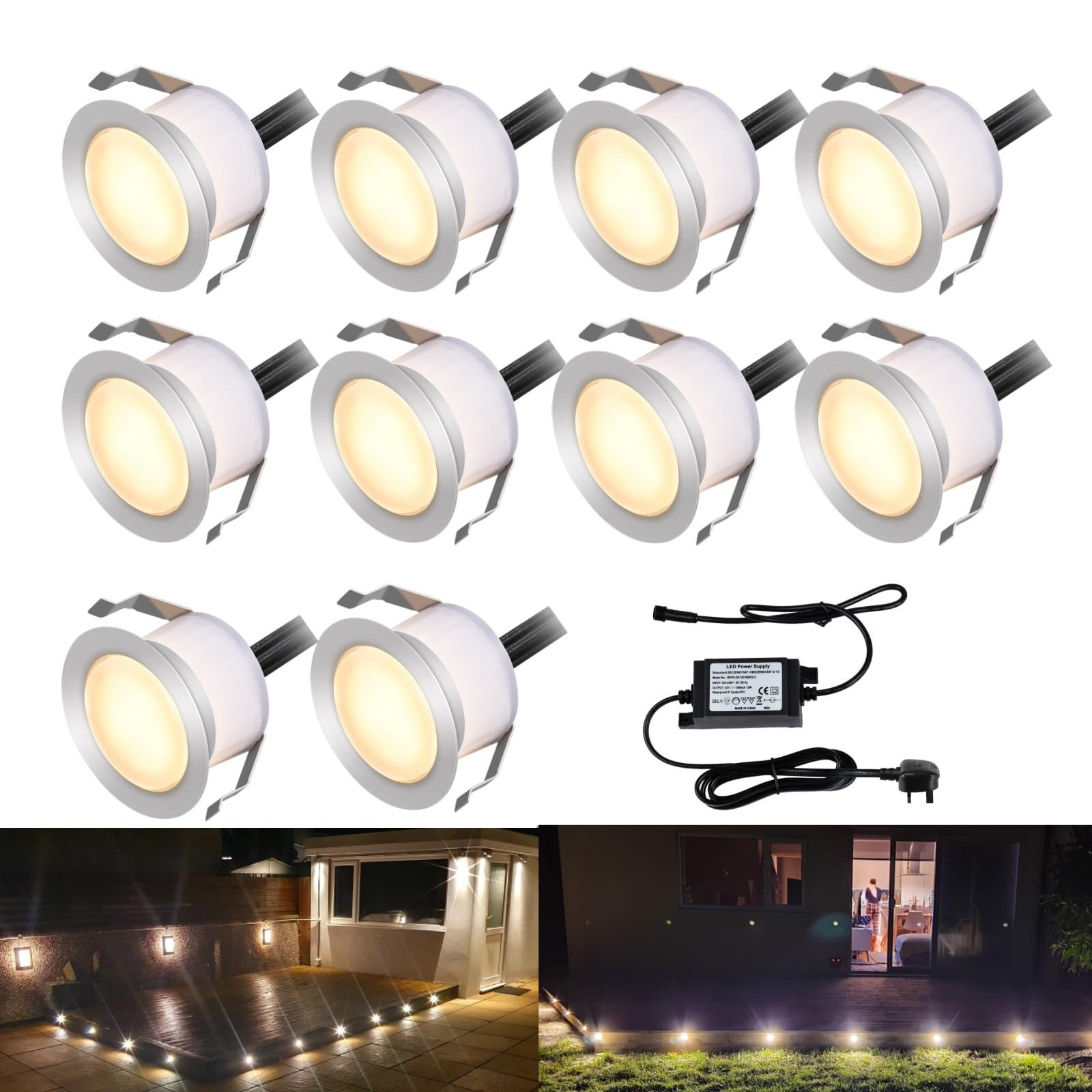 INDARUN Warm White Led Decking Lights Waterproof IP67 1W Ø45MM - Lighting for Terrace/Patio/Path/Wall/Garden/Decoration, 10 Packs
