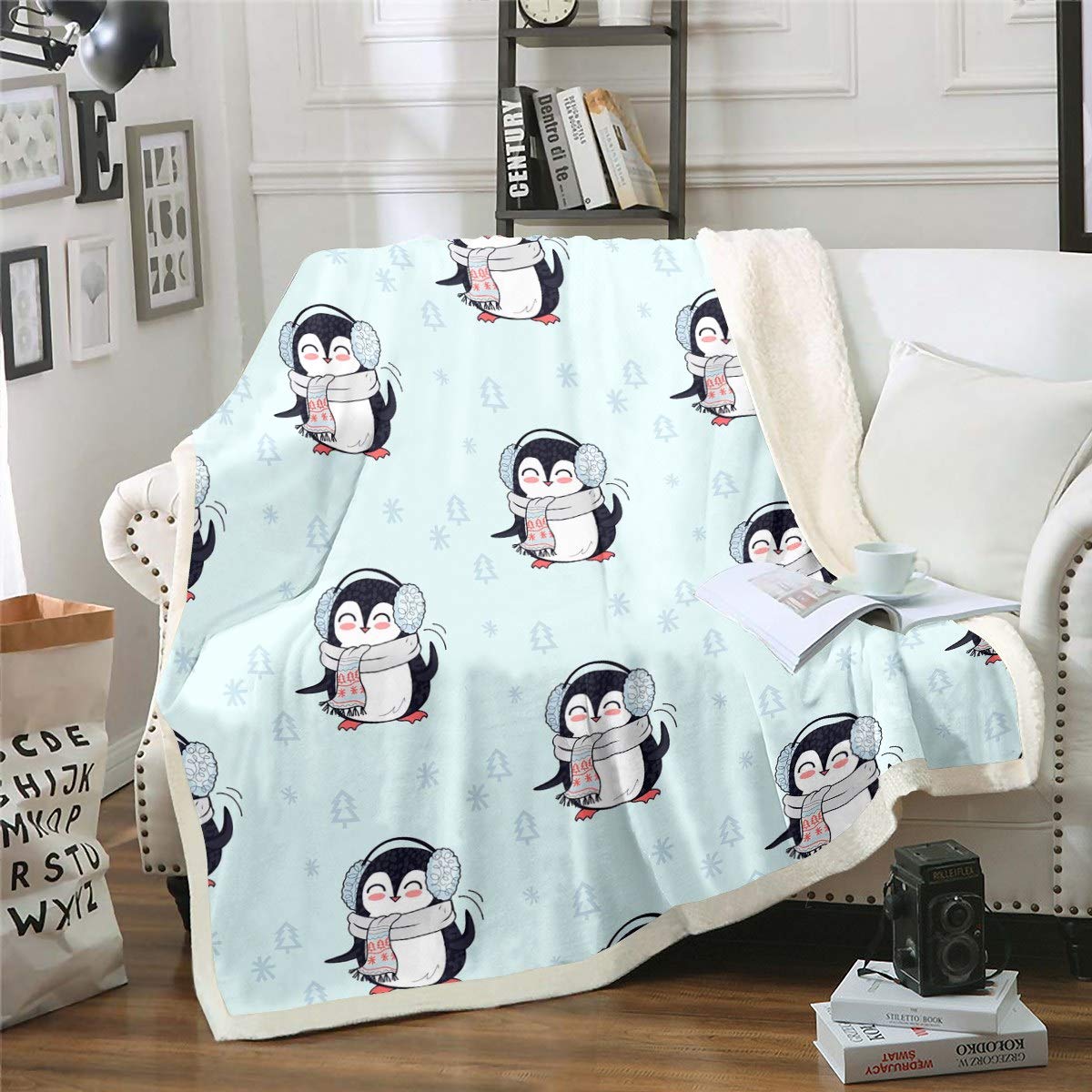 Loussiesd Kids Cartoon Penguin Fuzzy Blanket Funny Animal Fleece Sherpa Blanket Cute Polar Animal Plush Throw Blanket for Sofa Couch Bedroom Decor Winter Blue Flannel Blanket Single 50"x60"