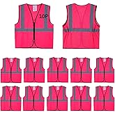 Lavori-AK Pink Safety Vests 10 Pack - Reflective High Visibility Construction ANSI Class 2 Work Vests for Men,Woman with Zipper,Hi Vis Mesh and Neon Silver
