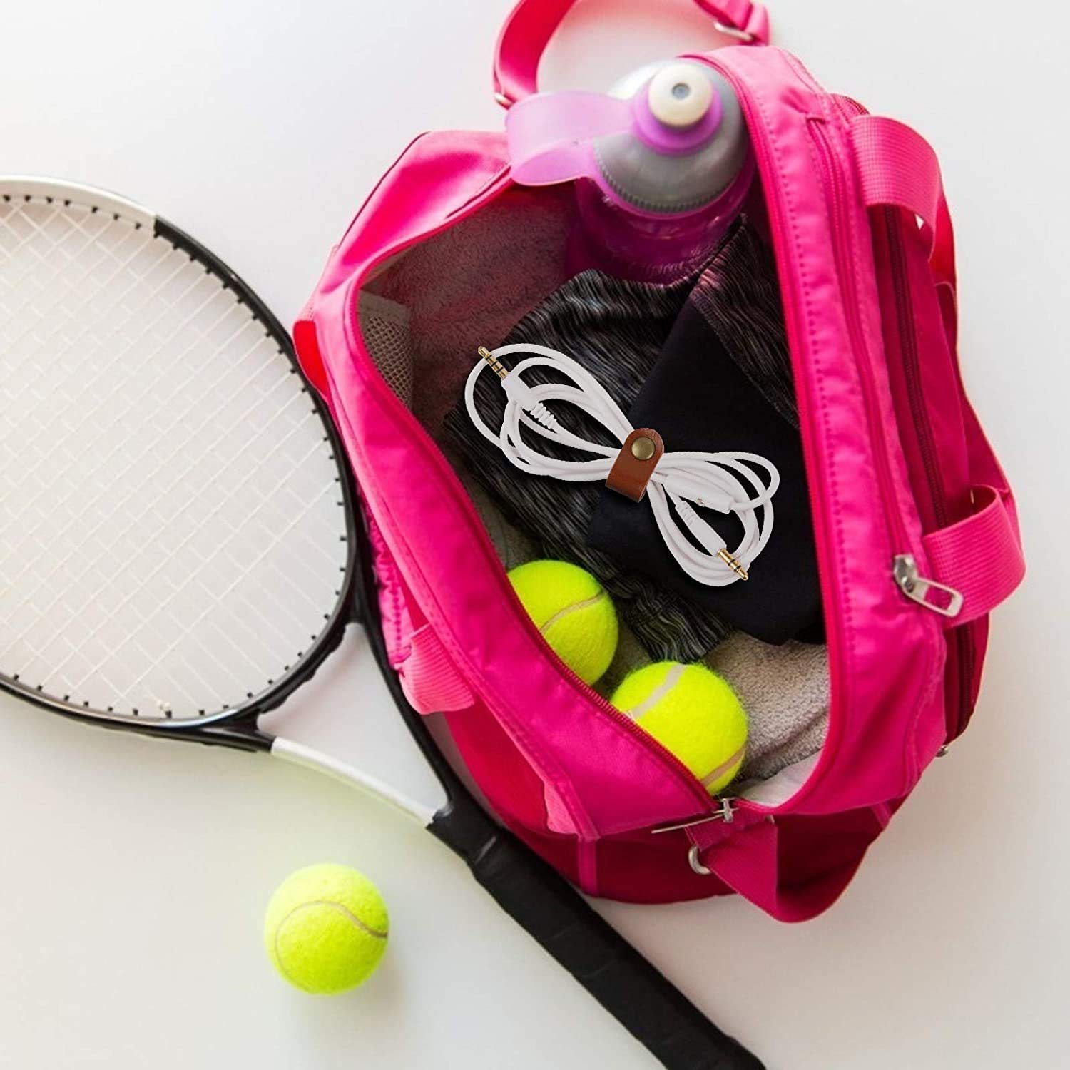 10 Pcs Cord Organizer, Portable Leather Cable Cord Stocking Stuffers for Men USB Straps Earphone Winder with Leather Handmade (Brown/white)