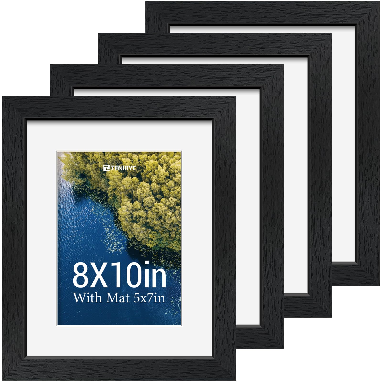 Photo 1 of 8x10 Picture Frame Set - 4 Pack, Black Solid Wood Photo Frames - Tempered Glass - Displays Photos 5x7 with Mat or 8 x 10 without - Room, Office, Gallery, Studio, and Hallway Décor - Wall Hanging