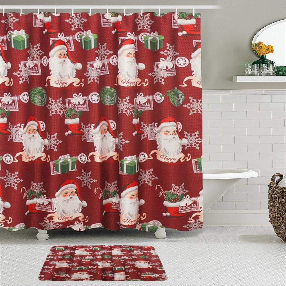 KISSENSU Badezimmer-Vorhang-Set,Santa strukturiertes rotes grünes Weiß