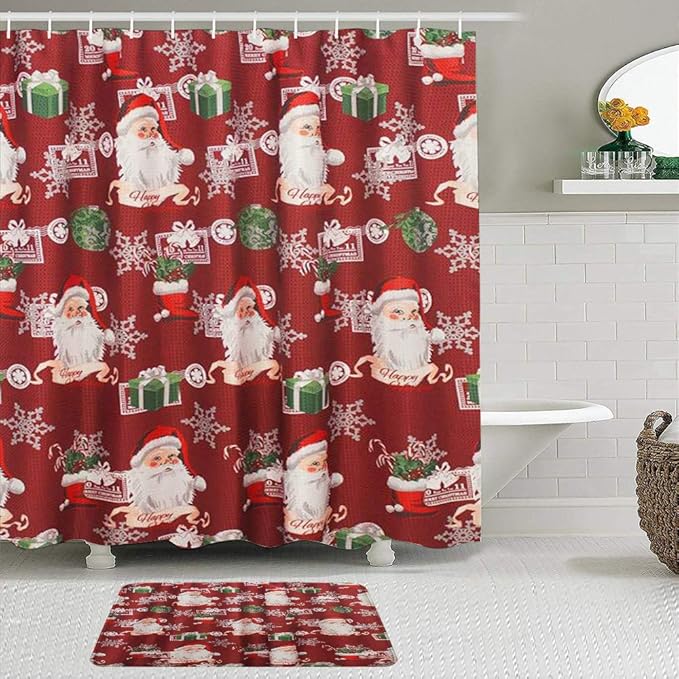 KISSENSU Badezimmer-Vorhang-Set,Santa strukturiertes rotes grünes Weiß